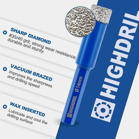 Close-up of 5 Pack 14mm Diamond Tile Drill Bits With Hex Shank For Porcelain Ceramic Marble Granite And Other Hard Materials Vacuum Brazed Core Bits 80mm Length No Slip Hex Shank Clean Fast Drilling For Electric Drills, showing texture and label.