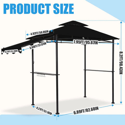 Diagram of 5x8 Grill Gazebo With Extra Shade Awning Party Ready Vibe All Weather Steel Frame Double Tier Canopy Roof Black