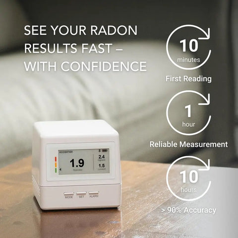 Continuous Home Radon Detector With Battery Power And Display Super Fast Readings For Quick Easy Home Safety Checks EF100 Style Smart Radon Sensor Fast Easy To Read Digital Display And Battery Operated For Portable Home Monitoring on wooden table