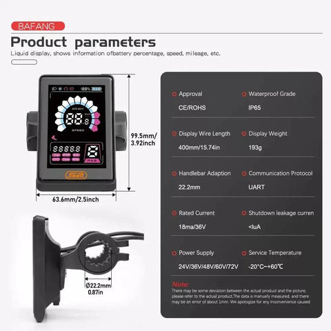 UKS2 Plus Ebike Display With USB Port For BBS01 BBS02 BBSHD Mid Drive Motors, showing dimensions and product parameters