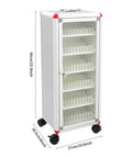 Heavy Duty 72 Slot Cell Phone Locker With Slick Rolling Casters For Classroom And Office Organization, aluminum cabinet with clear lid.