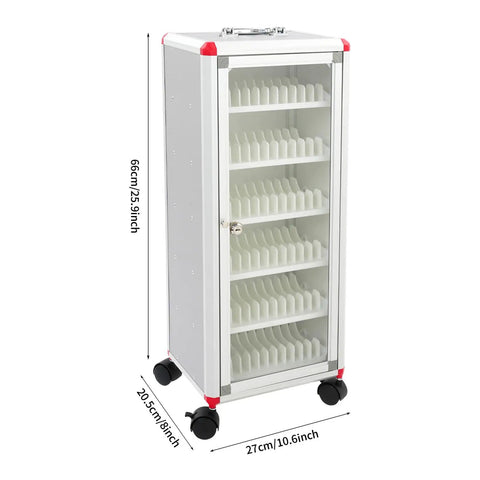 Heavy Duty 72 Slot Cell Phone Locker With Slick Rolling Casters For Classroom And Office Organization, aluminum cabinet with clear lid.