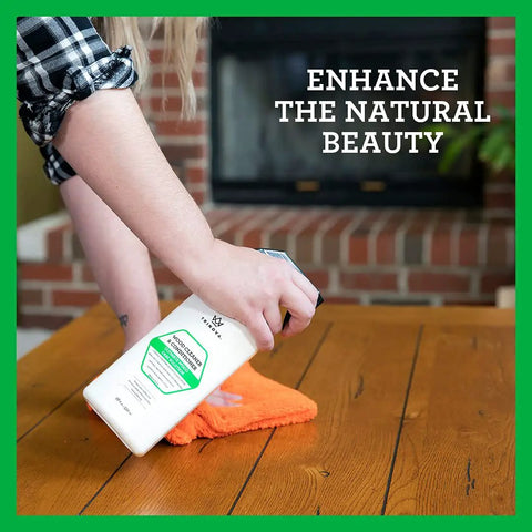 Applying All In One No Fuss Wood Cleaner Conditioner Wax And Polish Spray For Furniture And Cabinets 18 Oz on a wooden table