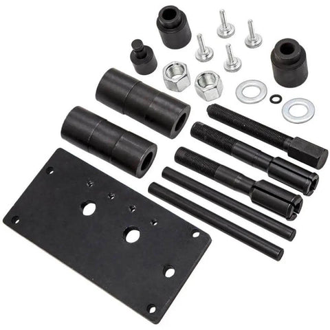 Get This Hot Installer Puller Tool For Twin Cam Engines Perfect For 1999 To 2006 Models With Awesome Locking Mechanism For Quick And Easy Installation Plus Removal Jobs Without Any Headaches Or Struggles. black steel puller kit with plate, bolts, spacers, nuts, and washers for Twin Cam engine service