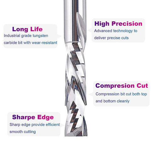 SpeTool compression router bit with 1/4 in shank and 1/4 in cutting diameter; carbide up/down for CNC wood routing