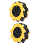 80mm mecanum wheels for DIY robots, two-pack, yellow and black rubber-coated for omnidirectional movement and strong traction