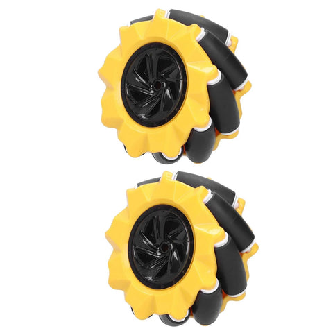80mm mecanum wheels for DIY robots, two-pack, yellow and black rubber-coated for omnidirectional movement and strong traction