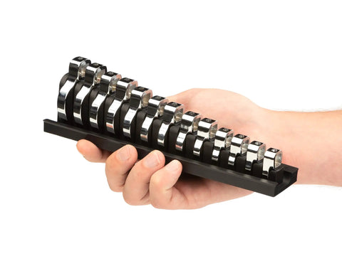 Hand holding 13-Tool 3/8 Inch Drive Crowfoot Wrench Organizer Rack for 5/16 to 1 Inch Wrenches, custom-fit slots visible