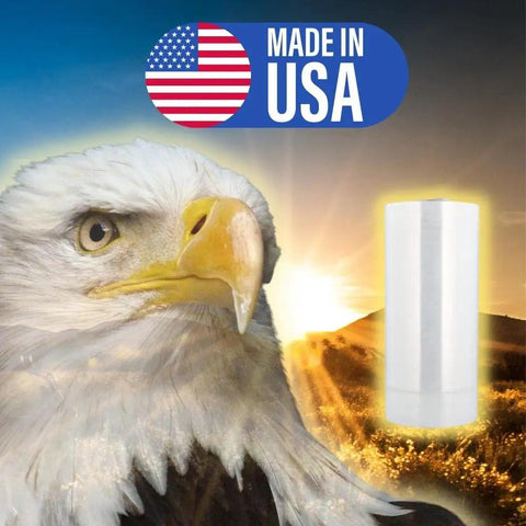 Heavy Duty Machine Stretch Wrap Featuring Battle Proven UV Blockers Keeps Your Stack Safe During Cross Country Hauls 20 Inches By 5000 Feet 80 Gauge Thickness Pallet Film 20 Roll Case with eagle in background.