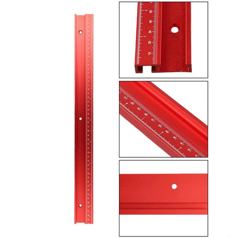 Close-up of Red Aluminum Alloy 45 Degree T Track Miter Slot Fixture for Router Table and Table Saw Jig Guide, 500mm