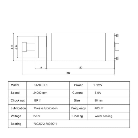 Diagram of Heavy Duty Water Cooled CNC Spindle Motor 1.5kW With ER11 Collet, dimensions 230mm x 80mm, water cooled, for engraving.