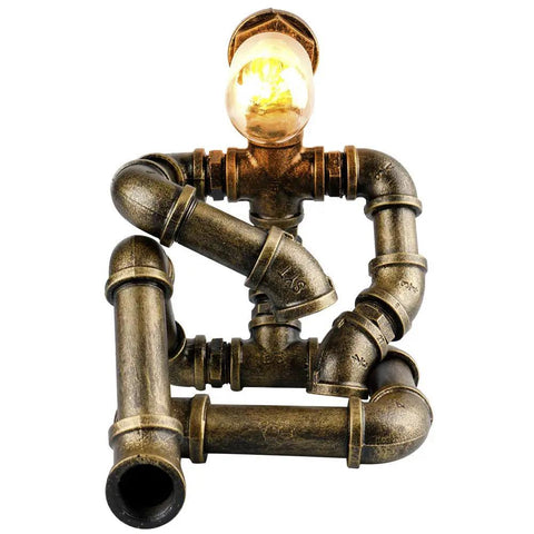 Steampunk Robot Table Lamp With Vintage Industrial Water Pipe Design, rustic bronze, quirky desk light for nightstand or café.
