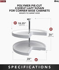Smooth Spinning Two Tier Pie Cut Plastic Lazy Susan For Corner Base Cabinets 28 Inch Wide Polymer Rotation Shelf specifications diagram.