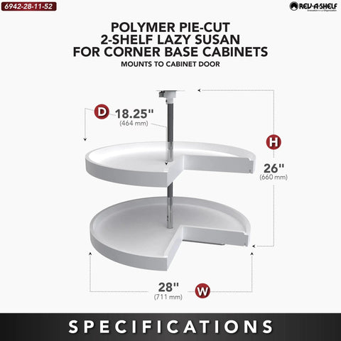 Smooth Spinning Two Tier Pie Cut Plastic Lazy Susan For Corner Base Cabinets 28 Inch Wide Polymer Rotation Shelf specifications diagram.