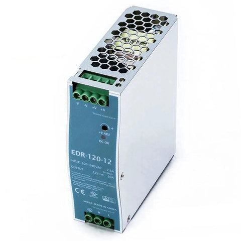 Ultra Slim 12V 10A DIN Rail Power Supply Beefy 120W Continuous Output Universal 90-264VAC Input High Efficiency Up To 88.5% Cabinet-Cooling Friendly Industrial Grade Protection Short-Circuit Overload Over-Voltage Over-Temp Constant Current, metal housing