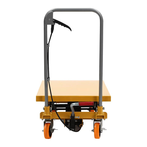 Heavy Duty Hydraulic Scissor Lift Cart 330 Pound Capacity Built Tough Foot Pump adjustable handle and wheels for easy transport.