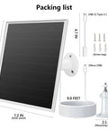 Image showing packaging contents: 8W Outdoor Solar Panel For Security Cameras With 5V USB And USB C Fast Charging, mounting kit, cables