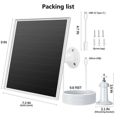 Image showing packaging contents: 8W Outdoor Solar Panel For Security Cameras With 5V USB And USB C Fast Charging, mounting kit, cables