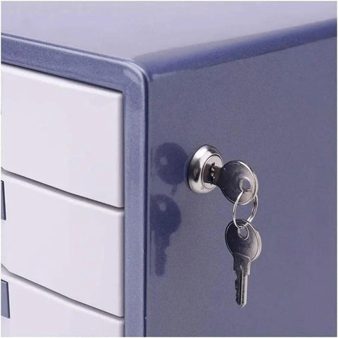 Close-up of lock on Secure Gray File Cabinet With Lock For Home Office Boss Level Space Saving Desk Drawer Organizer