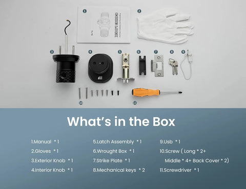 Box contents of Biometric Fingerprint Door Knob with Keypad Lock, including knobs, keys, screws, and manual.