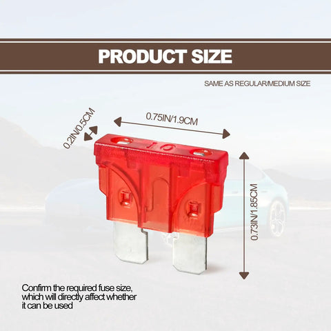 Red 10 Amp Mini Blade Auto Fuse dimensions shown, part of 20 Pack 10 Amp Mini Blade Auto Fuses Ato Apr Ats 32 Volt Red Replacement Kit.