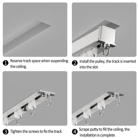 Curved Curtain Track System Extra Long Heavy Duty Recessed Ceiling Rod For Bay Windows Showers And Room Dividers Built Tough Aluminum Track Easy To Cut To Fit Weather Resistant With Smooth Single Roller Hooks installation steps with recessed ceiling rail and hooks