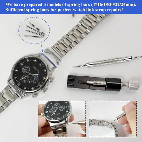 Watch Link Removal Tool Kit For Quick Bracelet Sizing And Repairs, Pro DIY Friendly With Doubled End Pin Punches displayed with watch