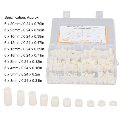 Round Nylon Standoff And Spacer Kit For PCB Board Mounting And Electrical Insulation In A Durable Storage Container, 150 Piece Nylon Standoffs And Spacers For Easy Mounting, Precise Spacing, And Component Clearance. Assorted 3mm-25mm lengths in case