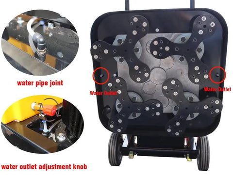 Underside view of Walk Behind Concrete Floor Grinder With 12 Grinding Heads showing water pipe joint and outlet adjustment knob.