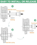 Diagram showing installation and release of Two Pack Ball Locking Pins 6mm Diameter 15mm Length Quick Release Button Handle.