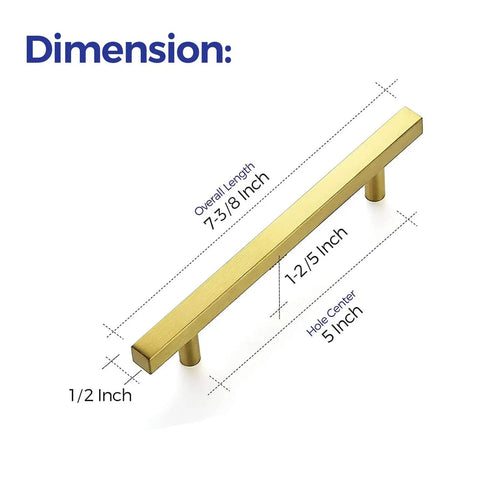 30 Pack 7 3 Eighths Inch Square Cabinet Pulls In Brushed Brass Stainless Steel For Kitchen Drawers And Cabinets, 5 Inch Center To Center Hole Spacing, Durable Modern Handles, showing dimensions