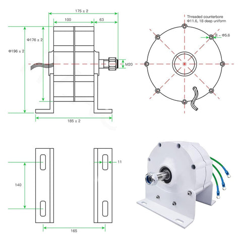 Low RPM 10000W To 12000W Gearless 3 Phase Permanent Magnet Generator dimensions and side view for water and wind turbines