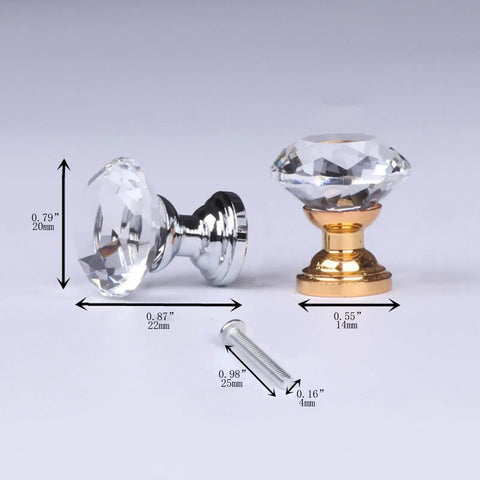 Two Pack Premium Crystal Glass Cabinet Handles Slick Luxury Modern Pulls for Cabinets and Drawers Golden Finish 20mm Diameter with Polished Chrome Base Adds Brilliant Light and Elegant Home Office Decor.