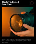 Hands adjusting 82mm Variable Star Filter with Dope Cross Screen Starburst for cinematic night shots on a camera lens.