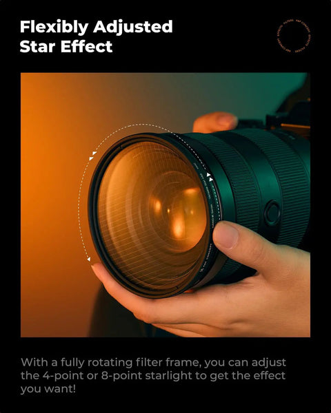 Hands adjusting 82mm Variable Star Filter with Dope Cross Screen Starburst for cinematic night shots on a camera lens.