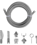 Heavy Duty Steel Drain Snake Flexible Auger Cord Three Meter Spiral Rig with six swappable cutting heads displayed on a surface.