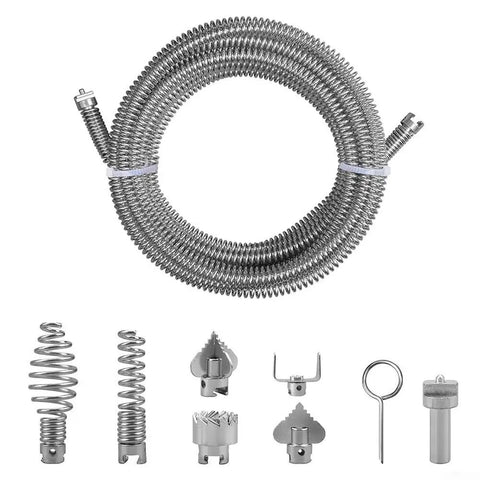 Heavy Duty Steel Drain Snake Flexible Auger Cord Three Meter Spiral Rig with six swappable cutting heads displayed on a surface.