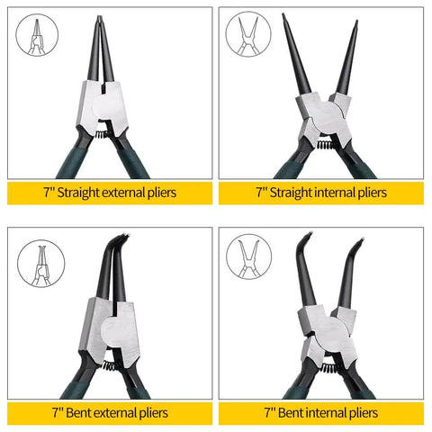 500Pcs Retaining Ring Set M4 To M28 With 21 Sizes Alloy Steel Circlip Snap Ring Kit Including 4 Pliers For Internal And External Snap Rings Pro Grade For Automotive Machinery And DIYers, showing straight and bent pliers.