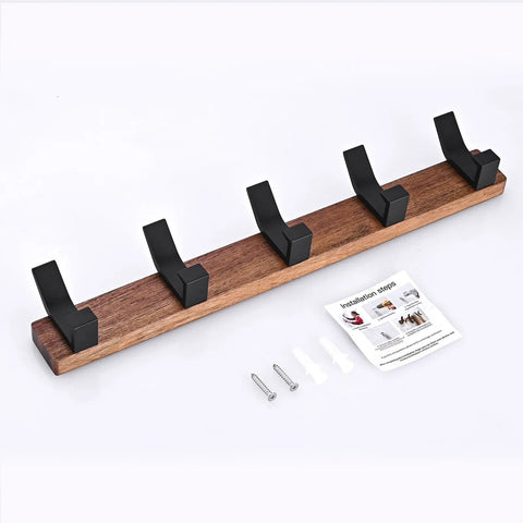 Wall Mount Coat Rack With Five Hooks 16.9 Inch Walnut Wood And Aluminum Built To Last Rustproof Coat Hanger Angled 45 Degree Design