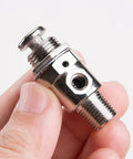 Close-up of Tac-3P Pneumatic Valve With Push Button Switch, showing M5x0.8 Connection, compact metal design for industrial use