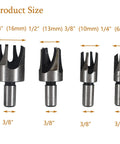 Top Shelf Heavy Duty Titanium Coated Wood Plug Hole Cutter Set Packing Eight Badass Dowel Borer Bits sizes from 1/4" to 5/8".