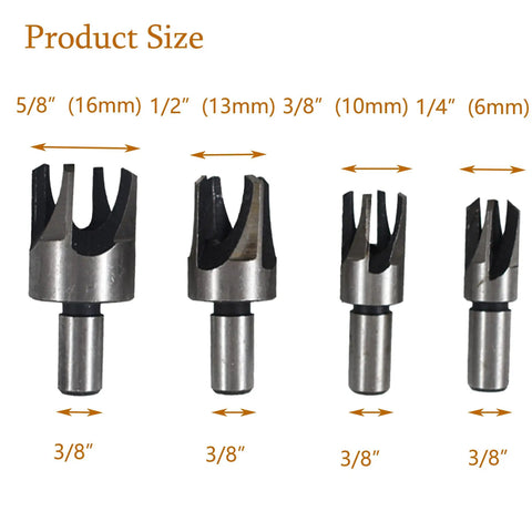 Top Shelf Heavy Duty Titanium Coated Wood Plug Hole Cutter Set Packing Eight Badass Dowel Borer Bits sizes from 1/4" to 5/8".