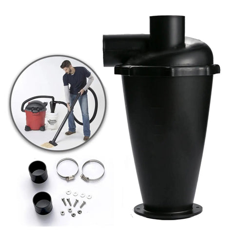 Cyclone Vacuum Filter Separator With Flange Turbo Dust Collector for industrial woodworking vacuums, shown with accessories.