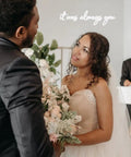 Wedding couple under 'It Was Always You' neon sign, indoor decor, perfect for Instagrammable party, neon sign LED tube 60cm.