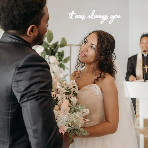 Wedding couple under 'It Was Always You' neon sign, indoor decor, perfect for Instagrammable party, neon sign LED tube 60cm.