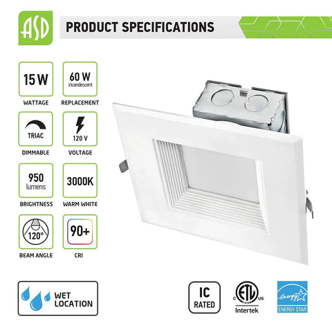 12 Pack 6 Inch LED Square Recessed Lights With Integrated Junction Box 3000K Warm White 15W 950LM Dimmable Canless Downlights