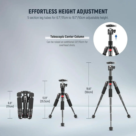 Compact Portable Travel Mini Tabletop Tripod With 360 Degree Ball Head Aluminum Desk Tripod height adjustment diagram