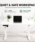 Built Like A Tank 55 Inch White Electric Standing Desk With Height Adjustable Reinforced Frame and Smart Memory Buttons, featuring a laptop and plant.