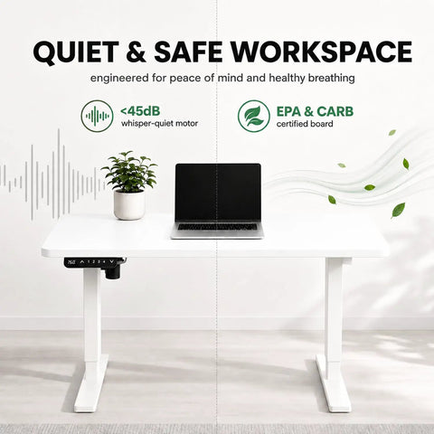 Built Like A Tank 55 Inch White Electric Standing Desk With Height Adjustable Reinforced Frame and Smart Memory Buttons, featuring a laptop and plant.