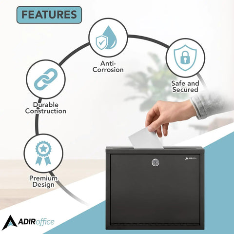 Heavy Duty Wall Mount Deposit Box With Lock And Slot For Payments And Checks, hand inserting envelope, feature icons, black, 12x3x10 inch